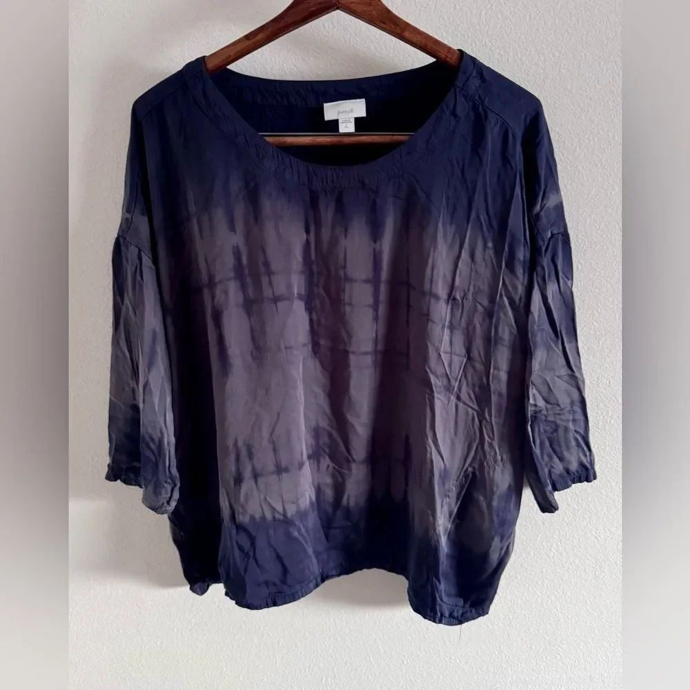 Pure Jill Women’s Tye Dye Top Blue Boho Hippie Beachy 3/4 Sleeve Large Tall